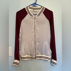 About A Girl Maroon and Light Gray Bomber Jacket
